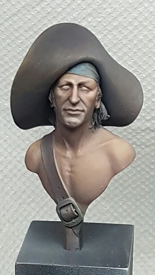 Early stage of painting leather elements on Sad Pirate bust - Minichix Studio tutorial