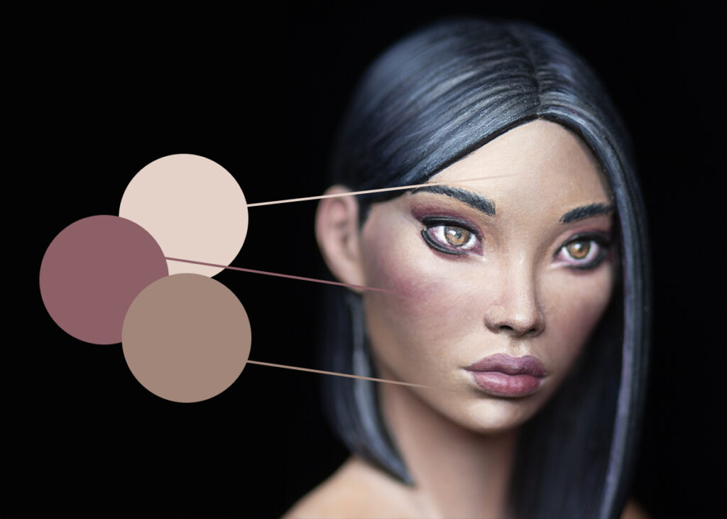 "3 zone" skin tone swatches from Minichix Studio tutorial - featuring female model Yami, an original sculpt and paintwork by the studio.