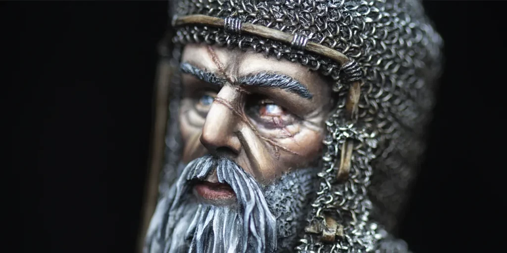 Featured image for Minichix Studio article on sculpting scars on miniatures - showing close up of the The Veteran bust focusing on the scars and damaged eye.